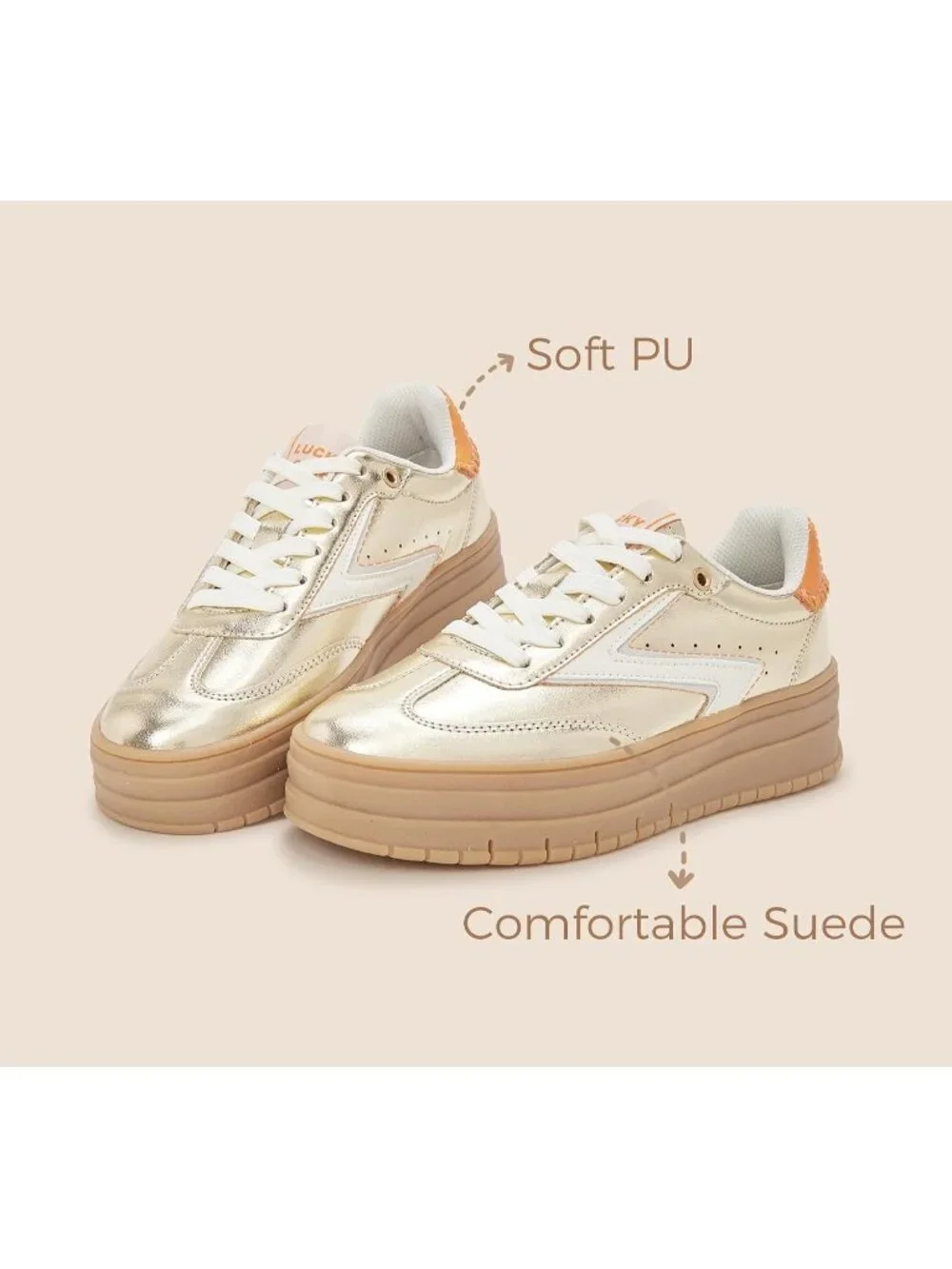 🆕Women's White Gold Platform Sneakers Gum Thick Sole Tennis Walking Shoes